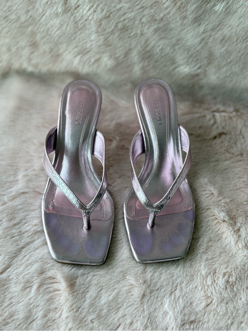 Arezzo Iridescent Pink Thong Heel Sandals - Picture 2 of 5